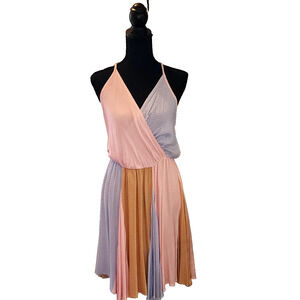 NWT SugarFox Color Block Dress Patchwork Pink Blue Midi Surplice Boho Sleevless